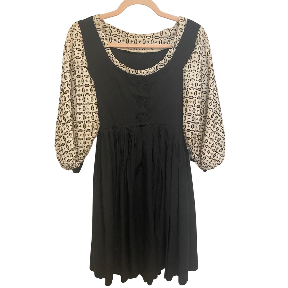 Vintage Dirndl Style Dress Handmade Black Midi Puff Sleeve Button Front XS 1960s